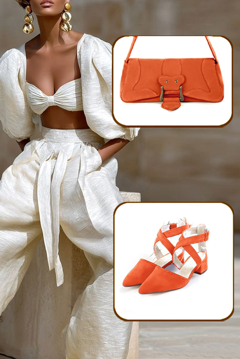 Dress closed-toe heels crossed straps in clementine orange leather with low flare heels and tapered toe - Worn view